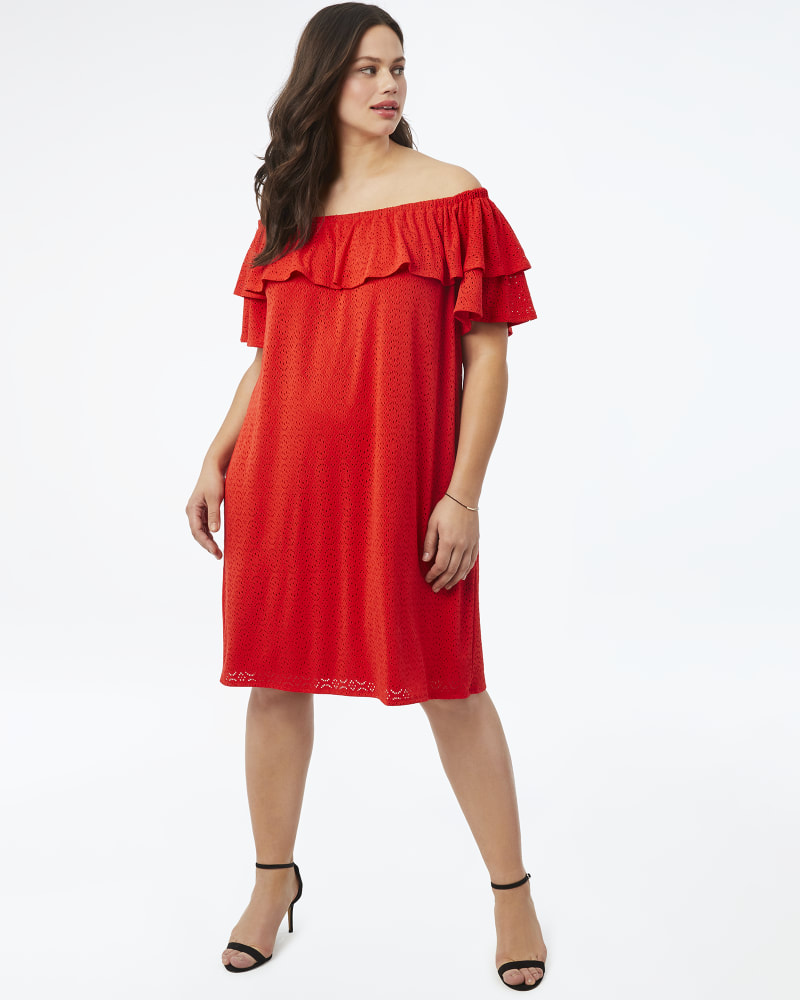 Plus size model with hourglass body shape wearing Fiona Off the Shoulder Ruffled Dress by Adorned | Dia&Co | dia_product_style_image_id:158960